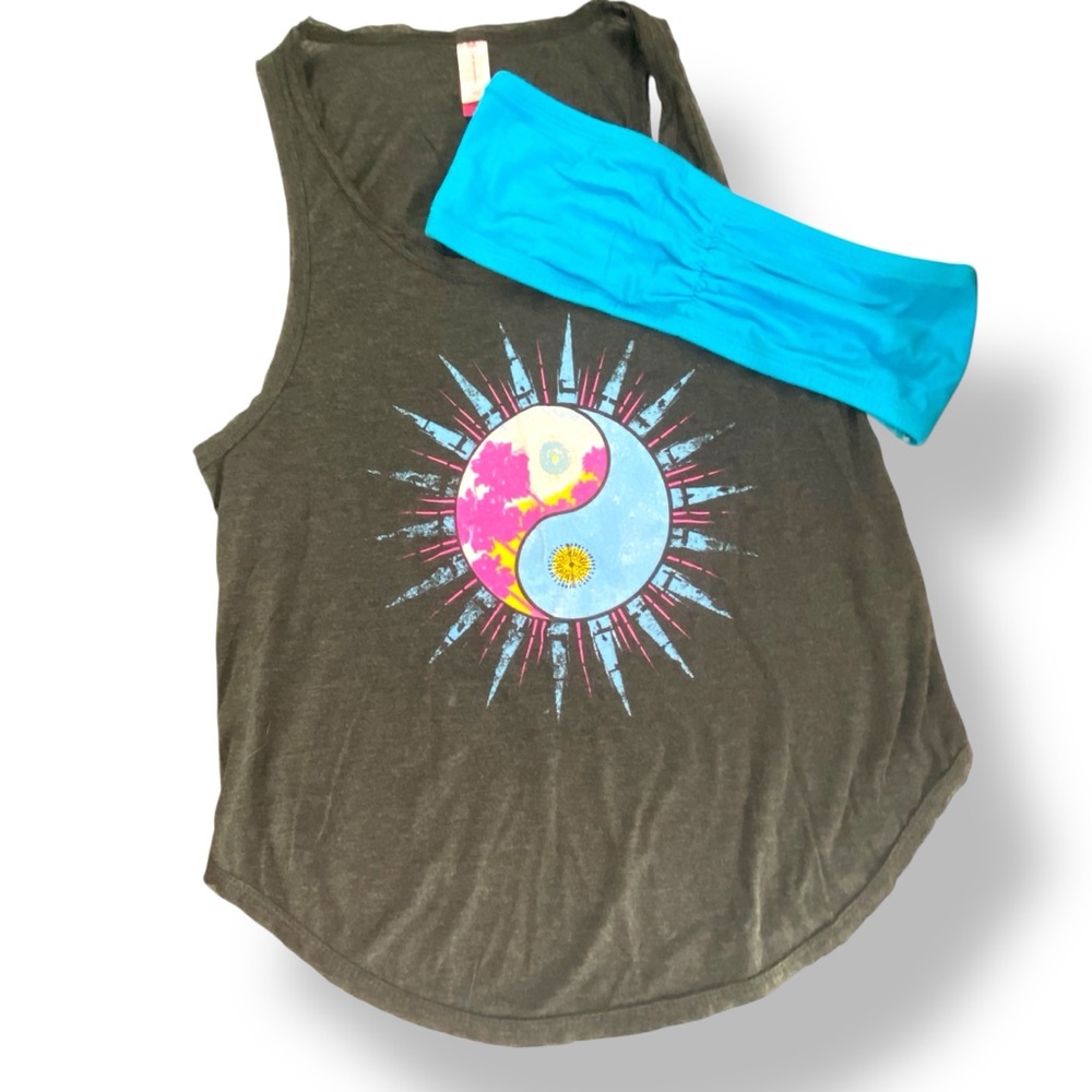 No Boundaries Dark Gray Tank w/ Matching Bandeau Bra  Juniors Size M Yin Yang